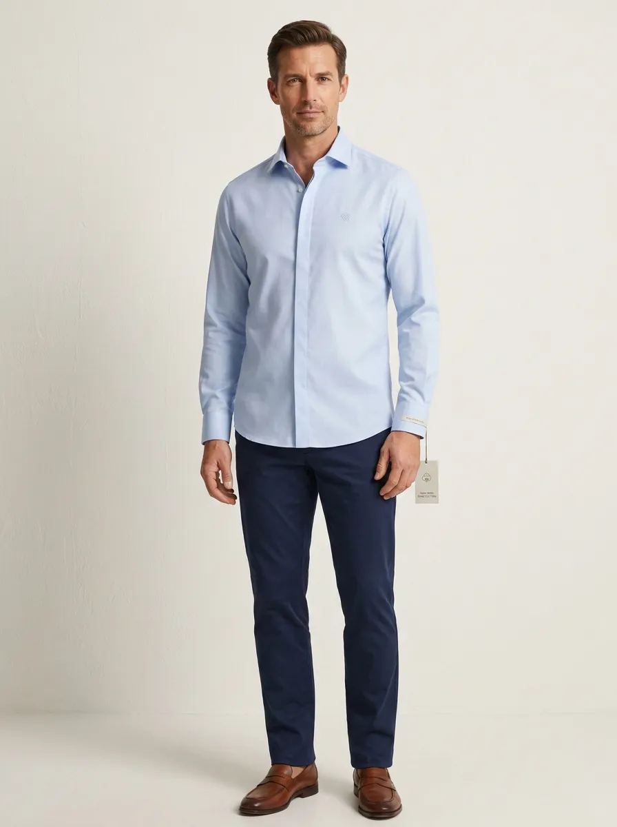 Men's Non-Iron Pure Cotton Light Blue Long Sleeve Shirt
