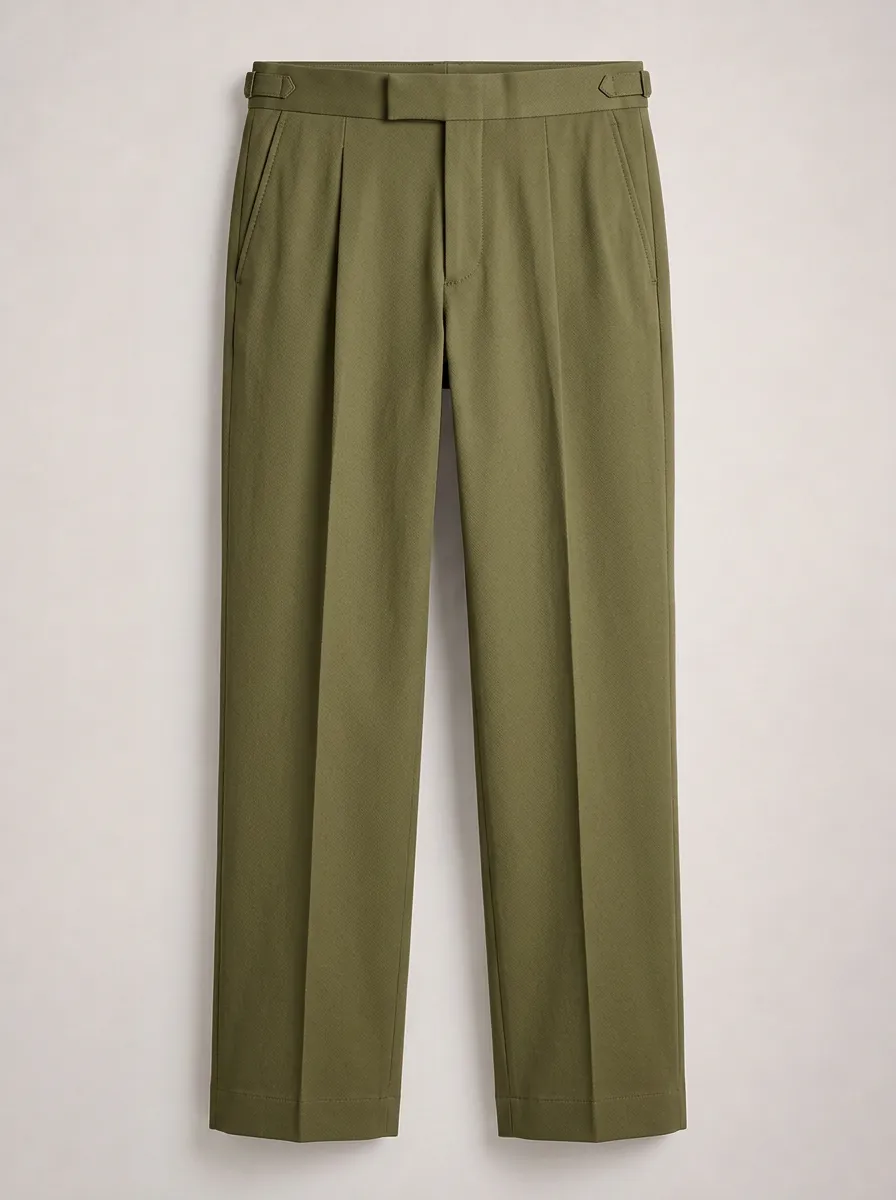 Men's Olive Green Pleated Side-Adjuster Formal Trousers