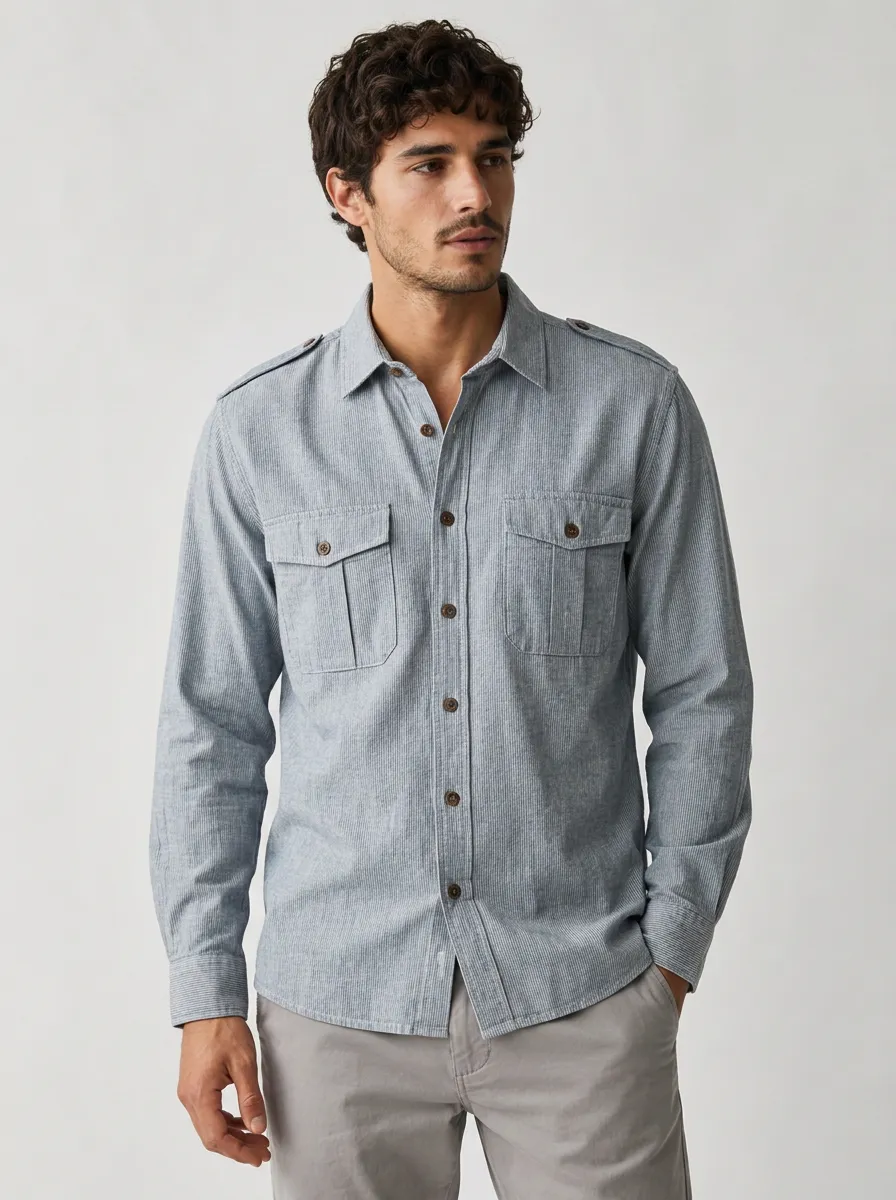 Men's Casual Breathable Striped Button-Down Utility Shirt