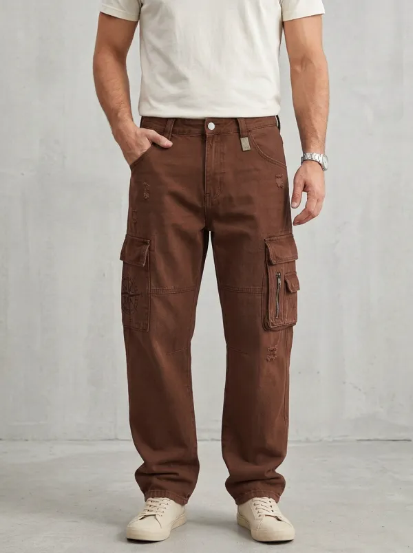 Men's Vintage Compass Print Distressed Denim Cargo Jeans