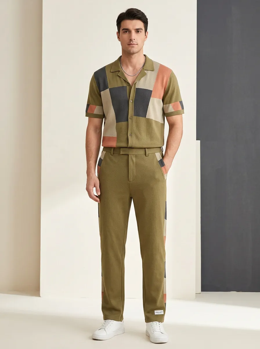 Men's Geometric Colorblock Pattern Printed Casual Set