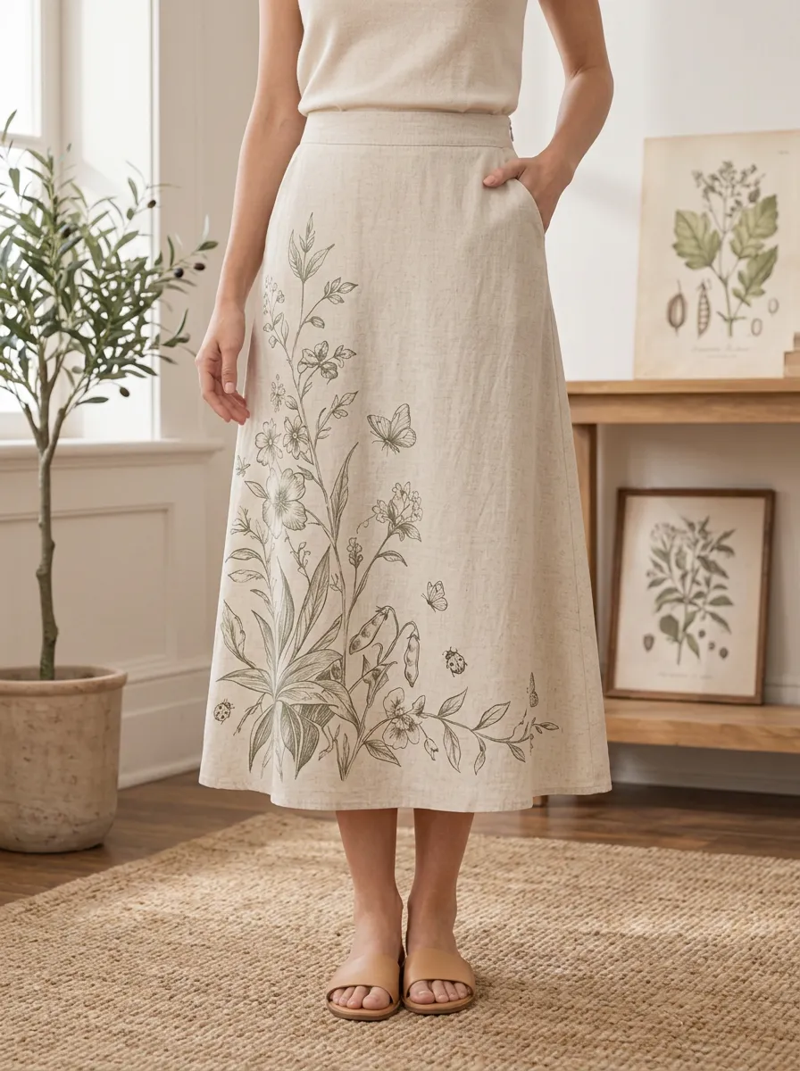 Women's Botanical Garden Butterfly Ladybug Printed Linen Skirt