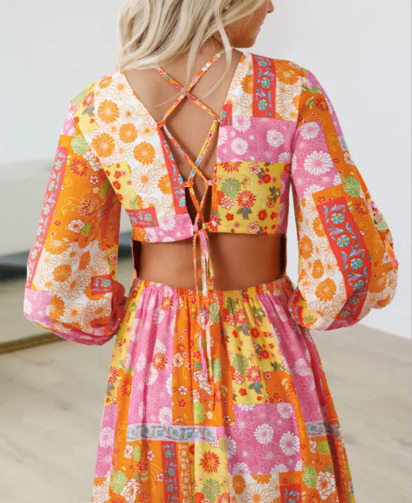 Floral Patchwork Print Cut Out Tied Back Bracelet Sleeve