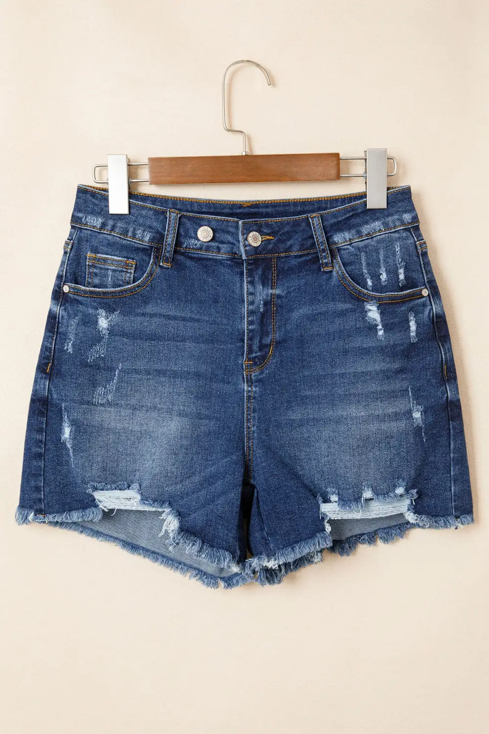 Refined High-Waist Raw-Hem Distressed Cotton Denim Shorts