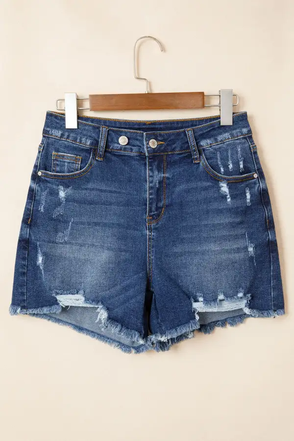 Refined High-Waist Raw-Hem Distressed Cotton Denim Shorts