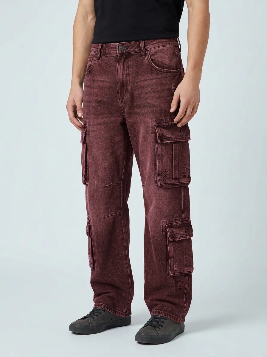 Men's Streetwear Washed Grey Graphic Cargo Pants