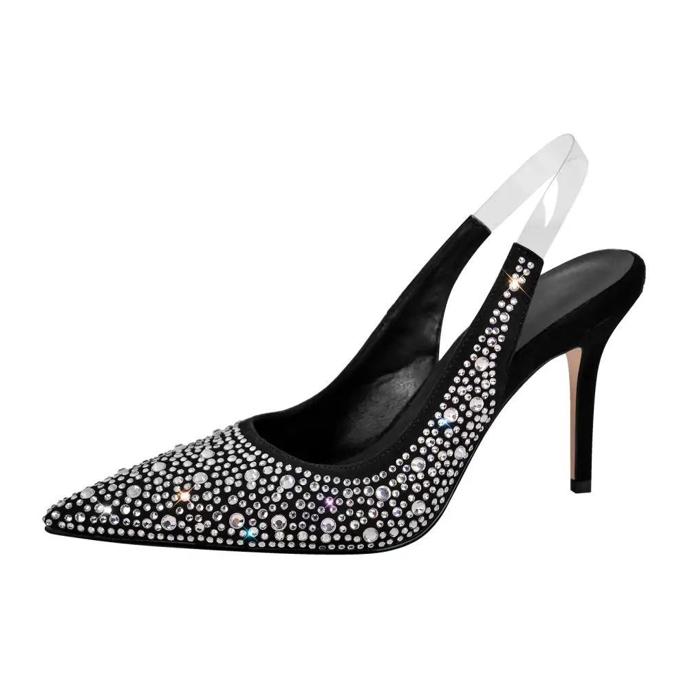 Rhinestone Pointed Toe Mid Heel Slingback Pumps