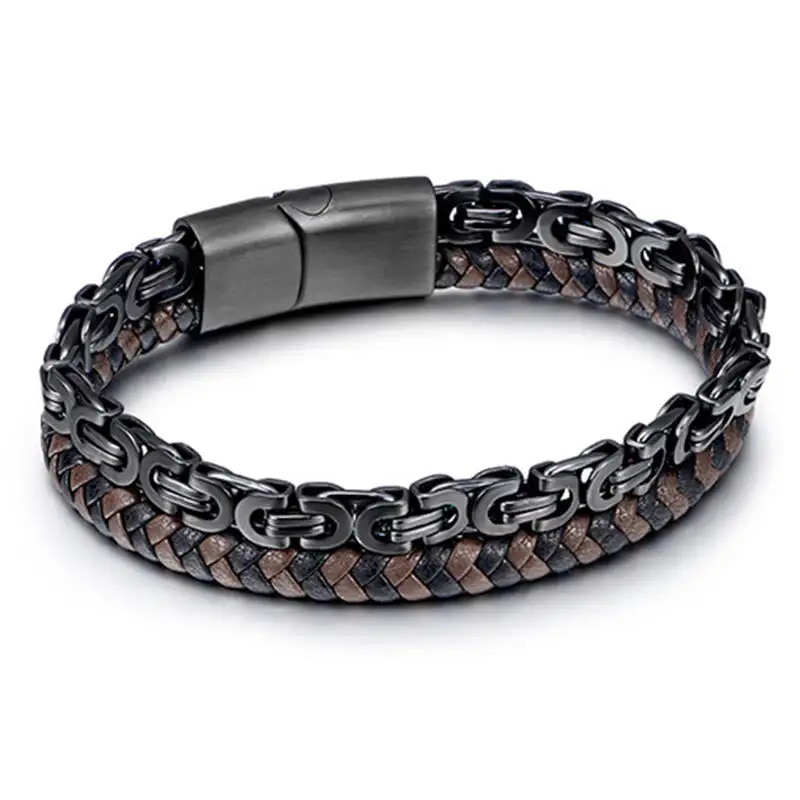 Link Chain Double Wrap Braided Leather Bracelet