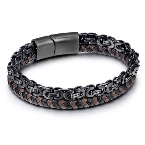Link Chain Double Wrap Braided Leather Bracelet