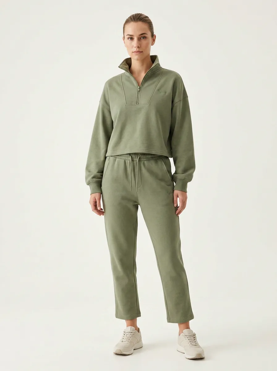 Women's Olive Green Quarter Zip Cropped Sweatshirt Jogger Set