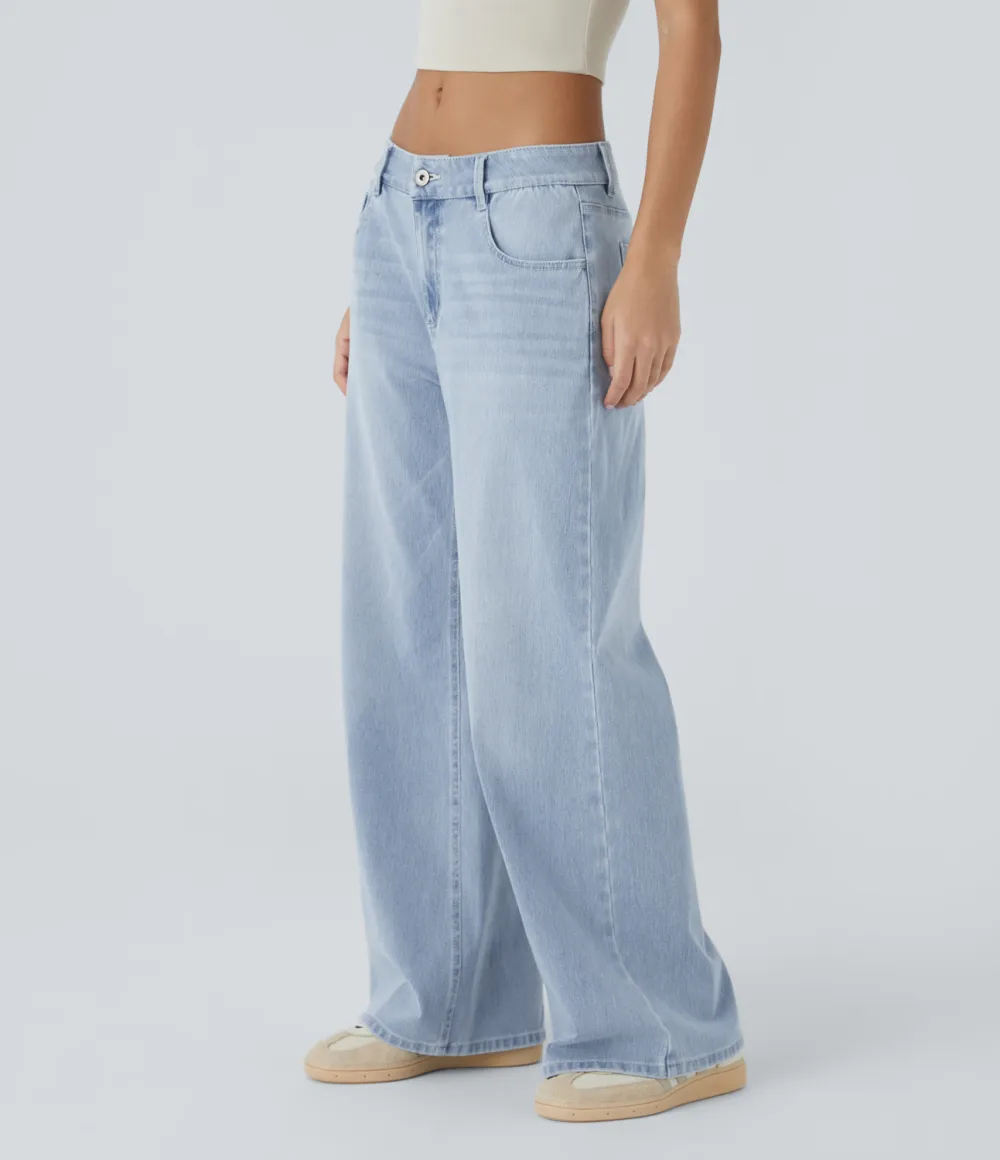 Magic Low Rise Button Zipper Multiple Pockets Washed Stretchy Knit Wide Leg Casual Jeans
