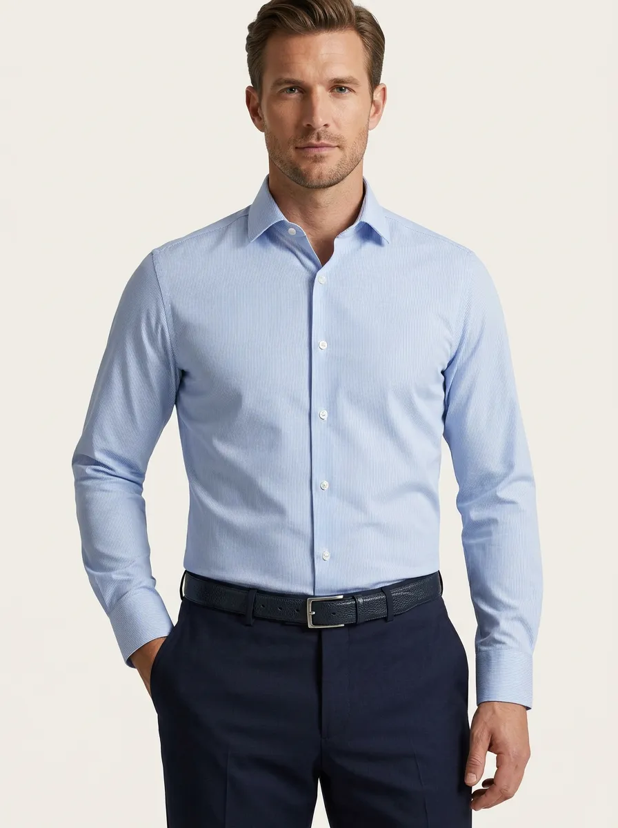 Men's Business Professional Light Blue Striped Printed Dress Shirt