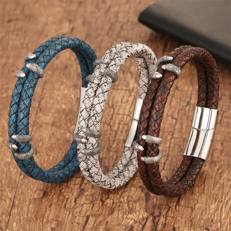 Braided Leather Dragon Claw Stainless Steel Bracelet