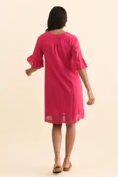 Above-Knee Cotton Pleated V-Neck A-Line Half-Sleeve Relaxed Tunic Dress