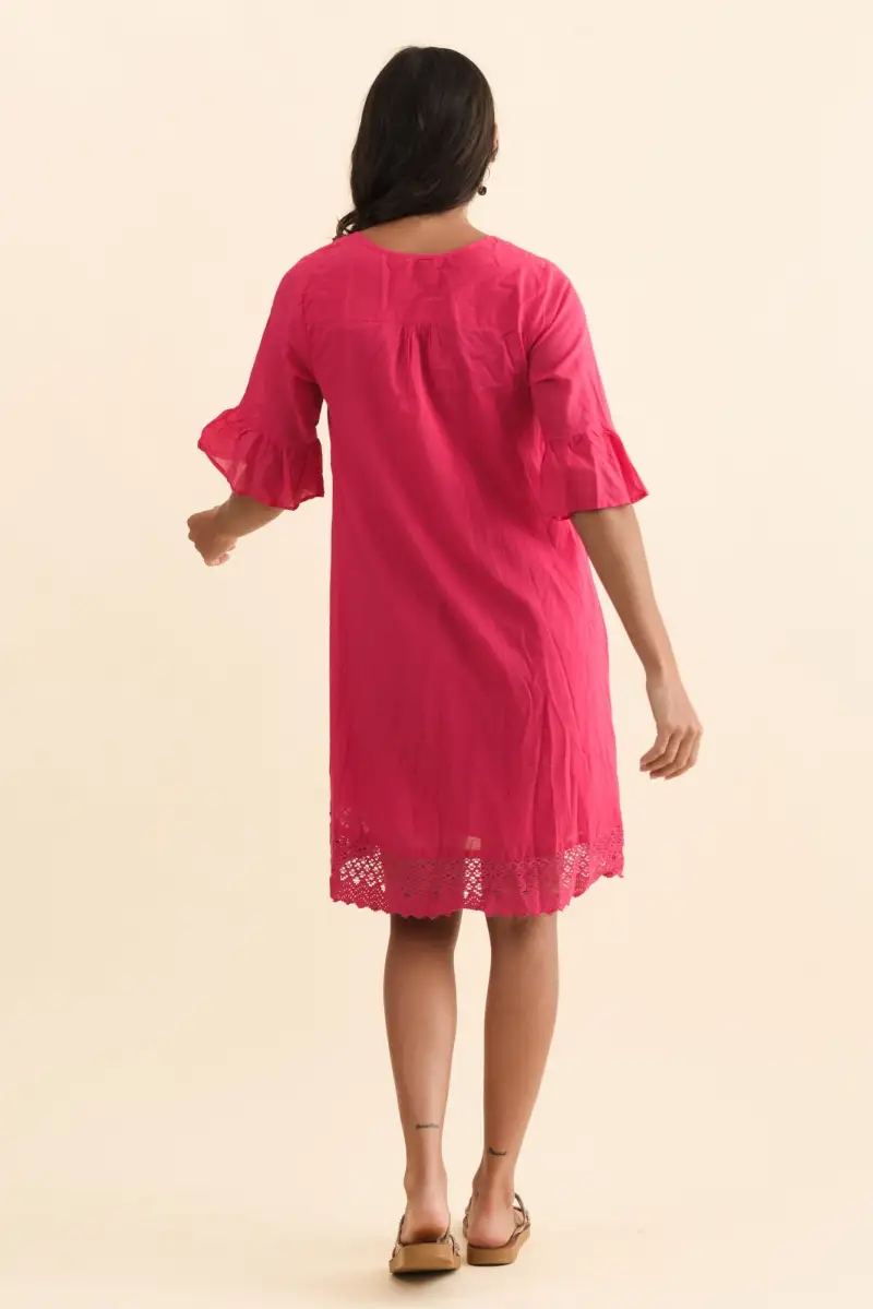 Above-Knee Cotton Pleated V-Neck A-Line Half-Sleeve Relaxed Tunic Dress