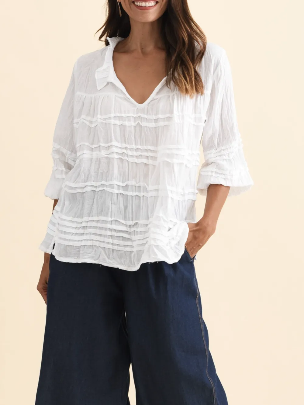 Cotton Textured V-Neck Long Sleeve Top