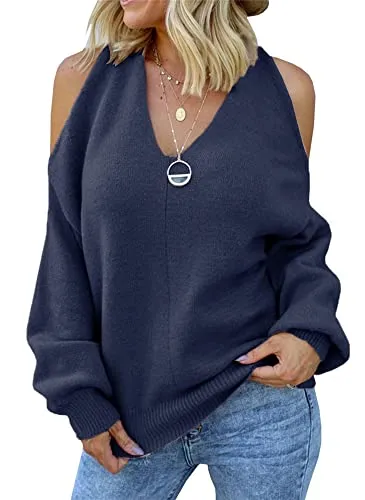 Women's Cold Shoulder Oversized Sweaters Batwing Long Sleeve Square Neck Chunky Knit Fall Tunic Sweater Tops