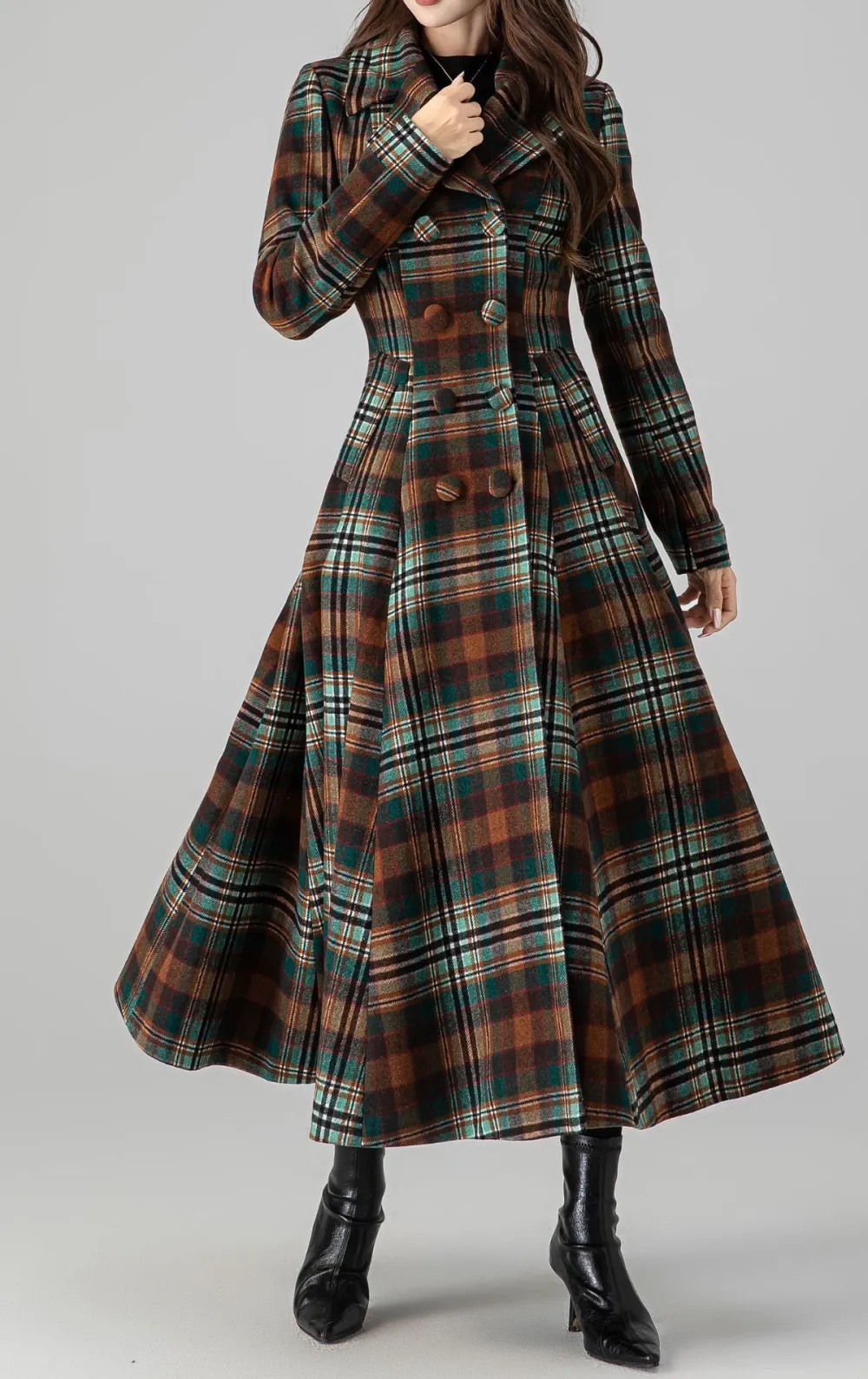 Plaid Wool Blend Fit and Flare Double Breasted Pocketed Long Coat
