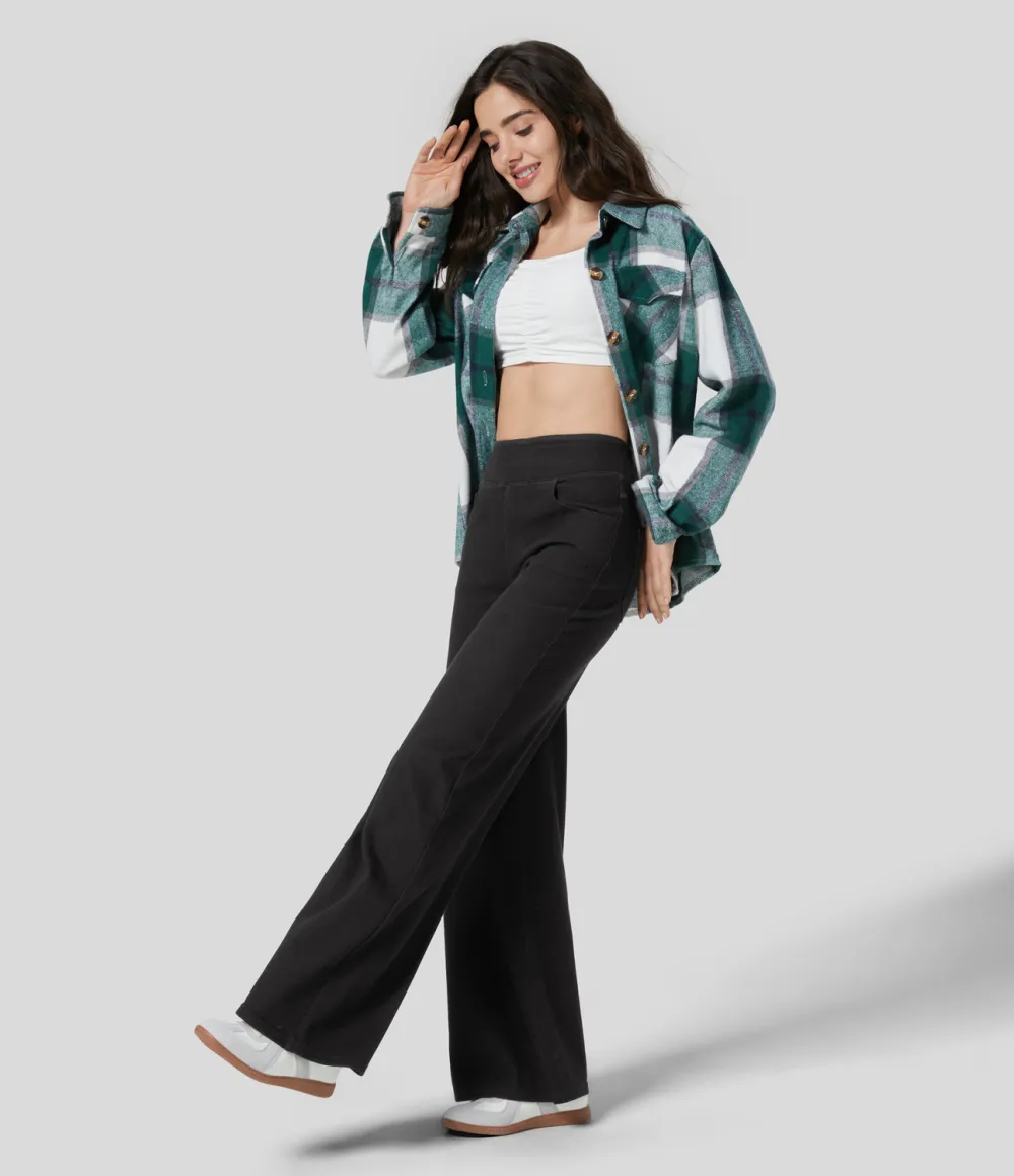 Magic High Waisted Multiple Pockets Wide Leg Stretchy Knit Casual Thermal Jeans