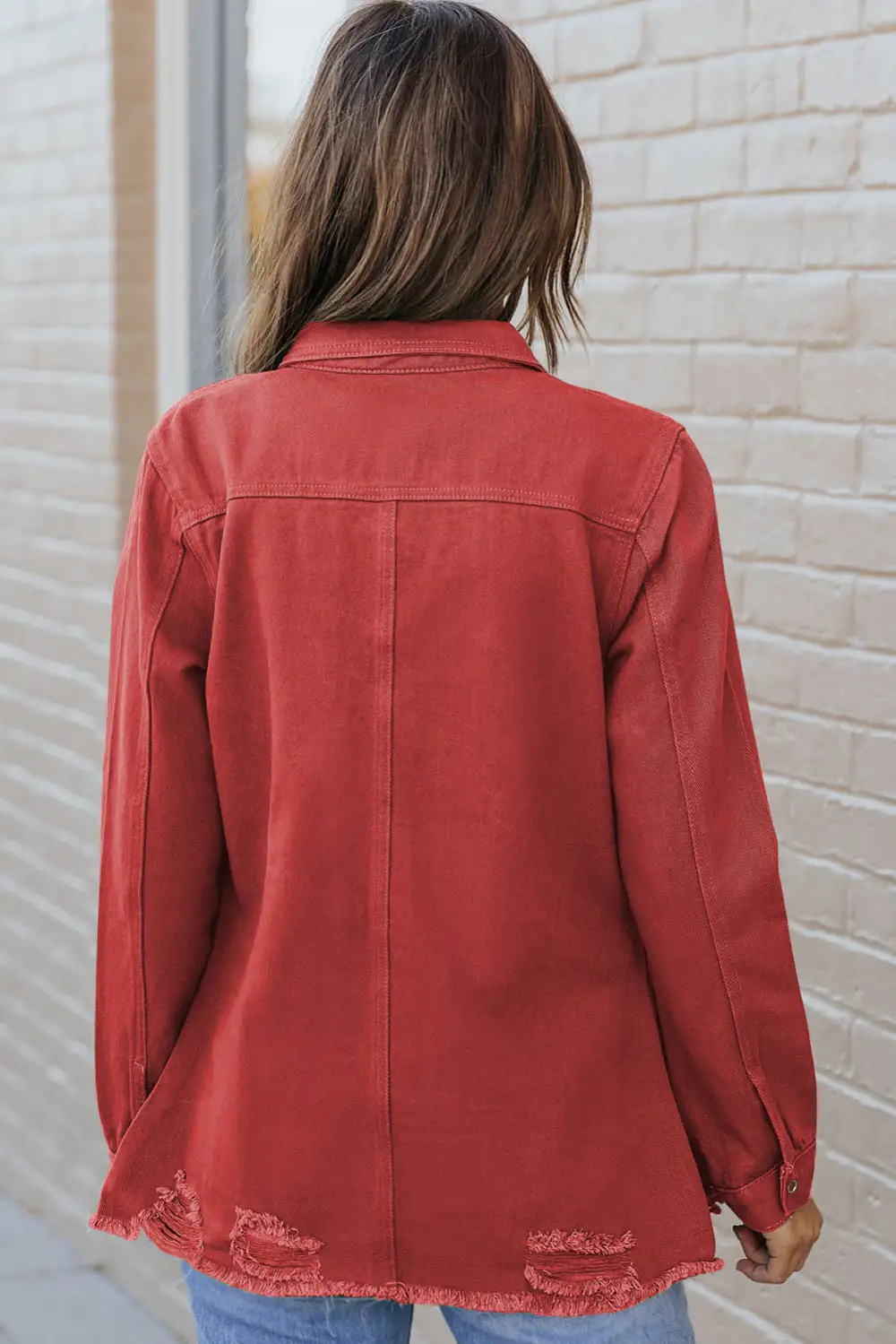 Distressed Raw-hem Snap-front Denim Jacket