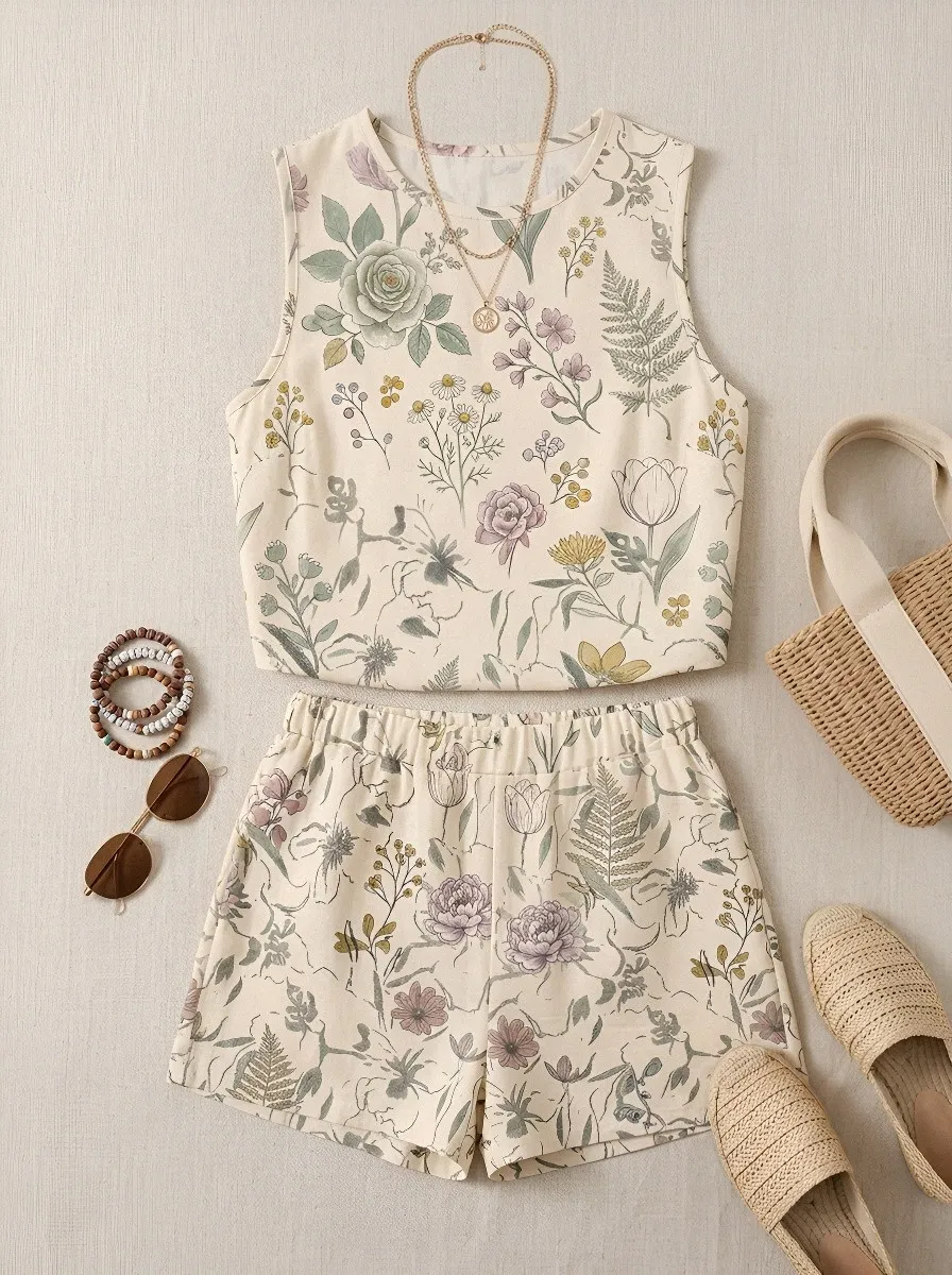 Women's Floral Botanical Garden Printed Sleeveless Shorts Set