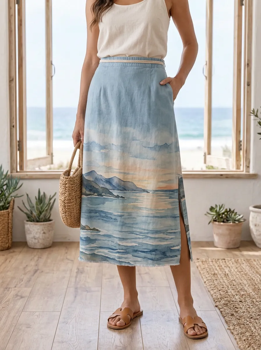 Women's Seaside Landscape Print Midi Skirt
