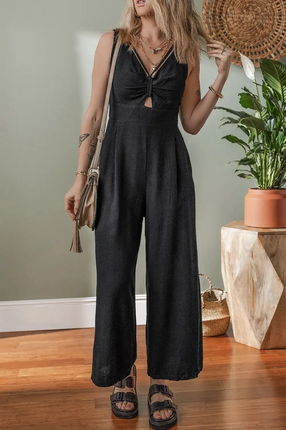 Front Panel Detail Smocked Back Sleeveless Jumpsuit