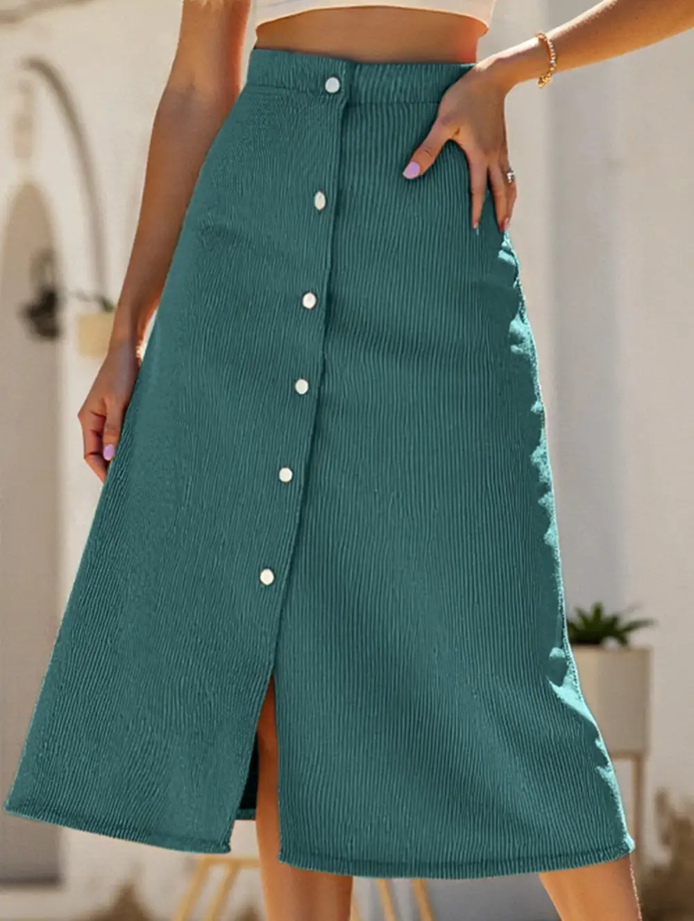 Corduroy Button Front Midi Skirt