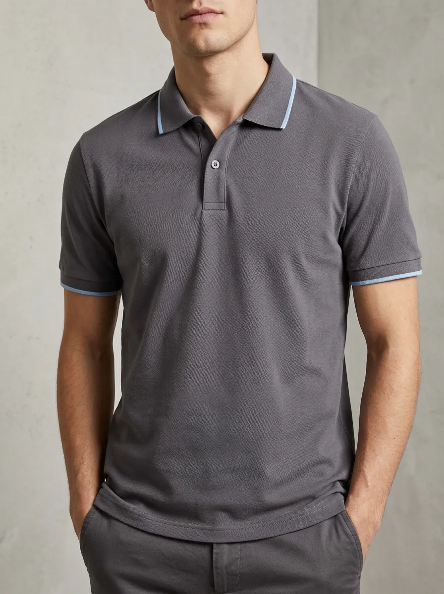 Men's Casual Grey Contrast Trim Printed Polo Shirt