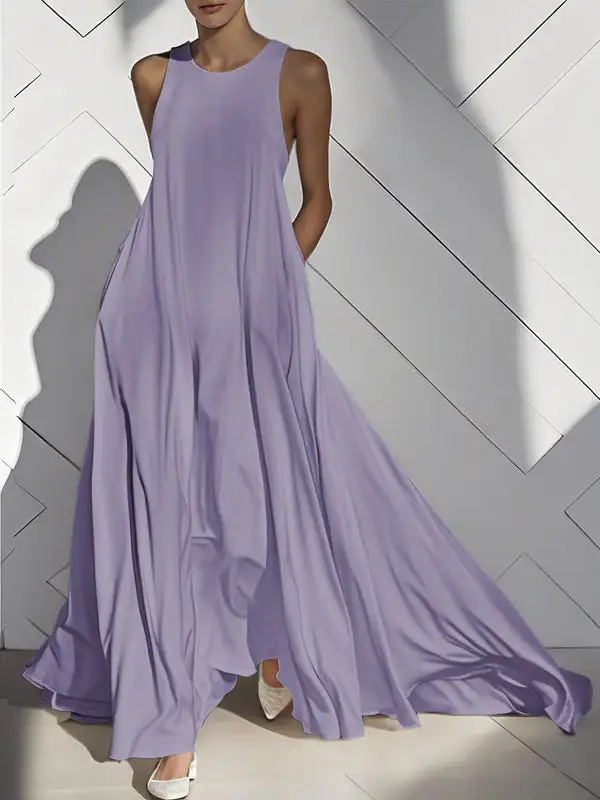 Pockets Sleeveless Neck Maxi Dress