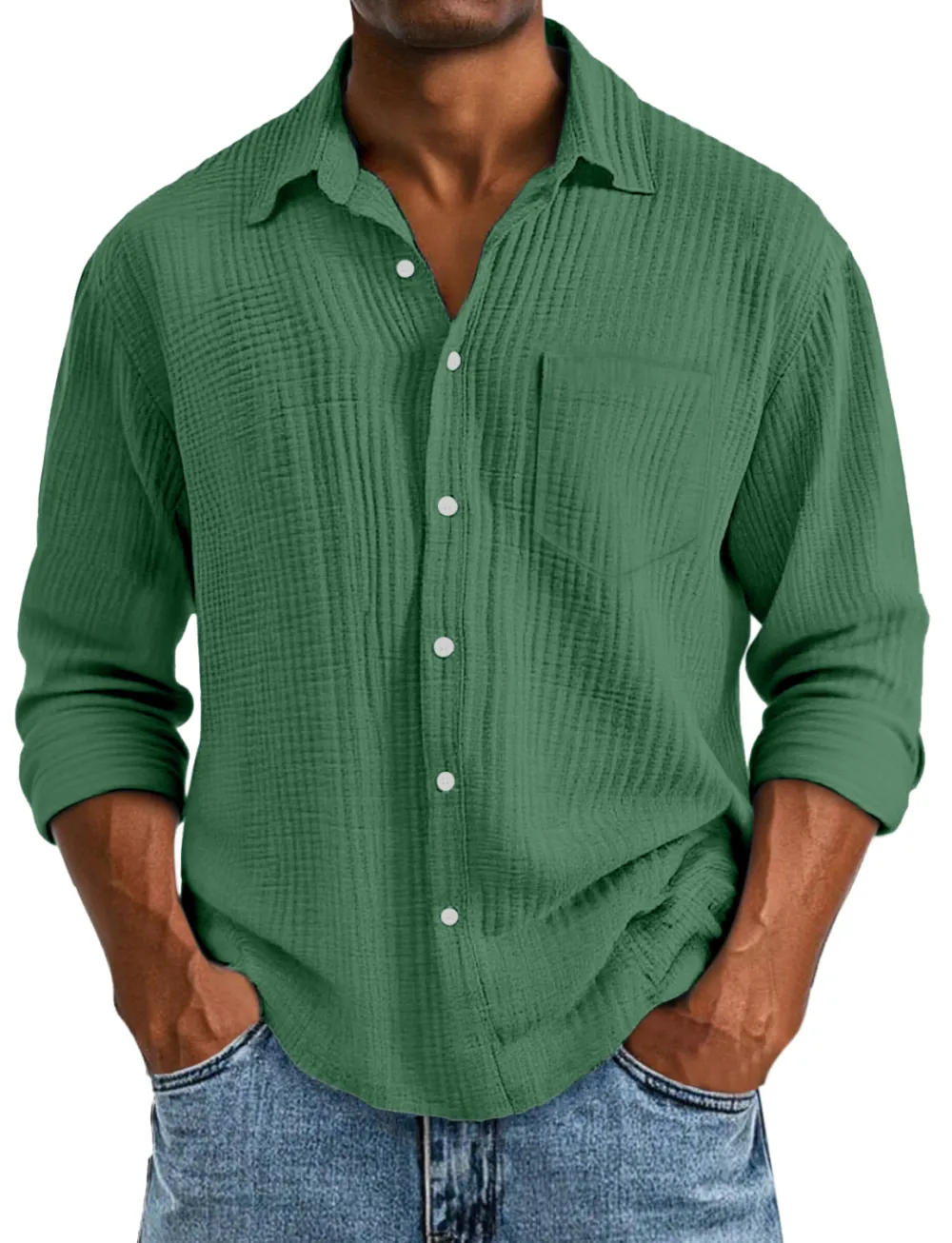 Long Sleeve Open Collar Pleated Front Shirt