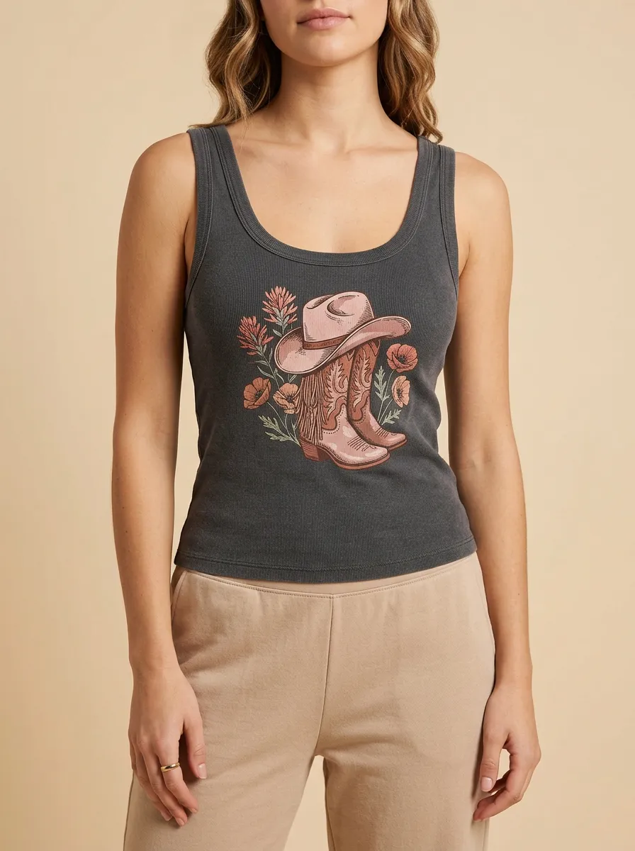 Boho Cowboy-Hat Floral Built-In Bra Tank Top