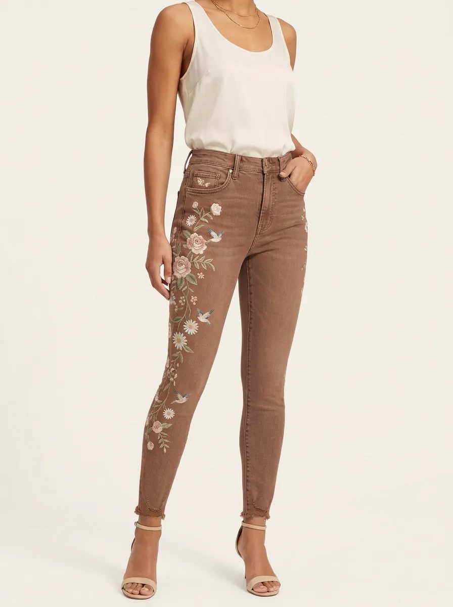 Women's Floral Rose Daisy Embroidered Printed Slim Jeans