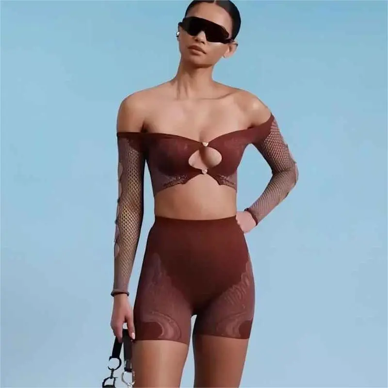 Off-Shoulder Mesh Two Piece Set with Cutouts and Lace Details