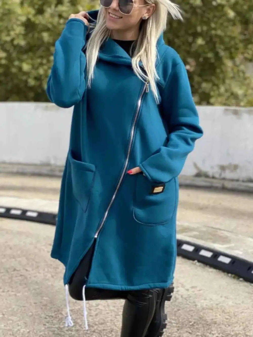 Plus Size Asymmetrical Zip-Up Hooded Fleece Outerwear
