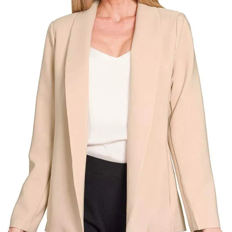 Refined Long Sleeve Open Front Tailored Blazer