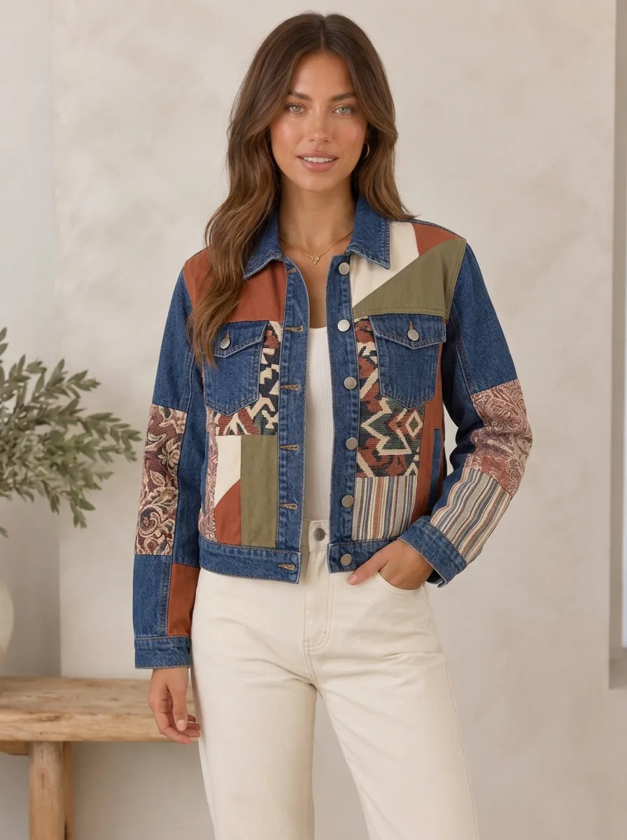 Women's Boho Vintage Style Geometric Patchwork Printed Denim Jacket