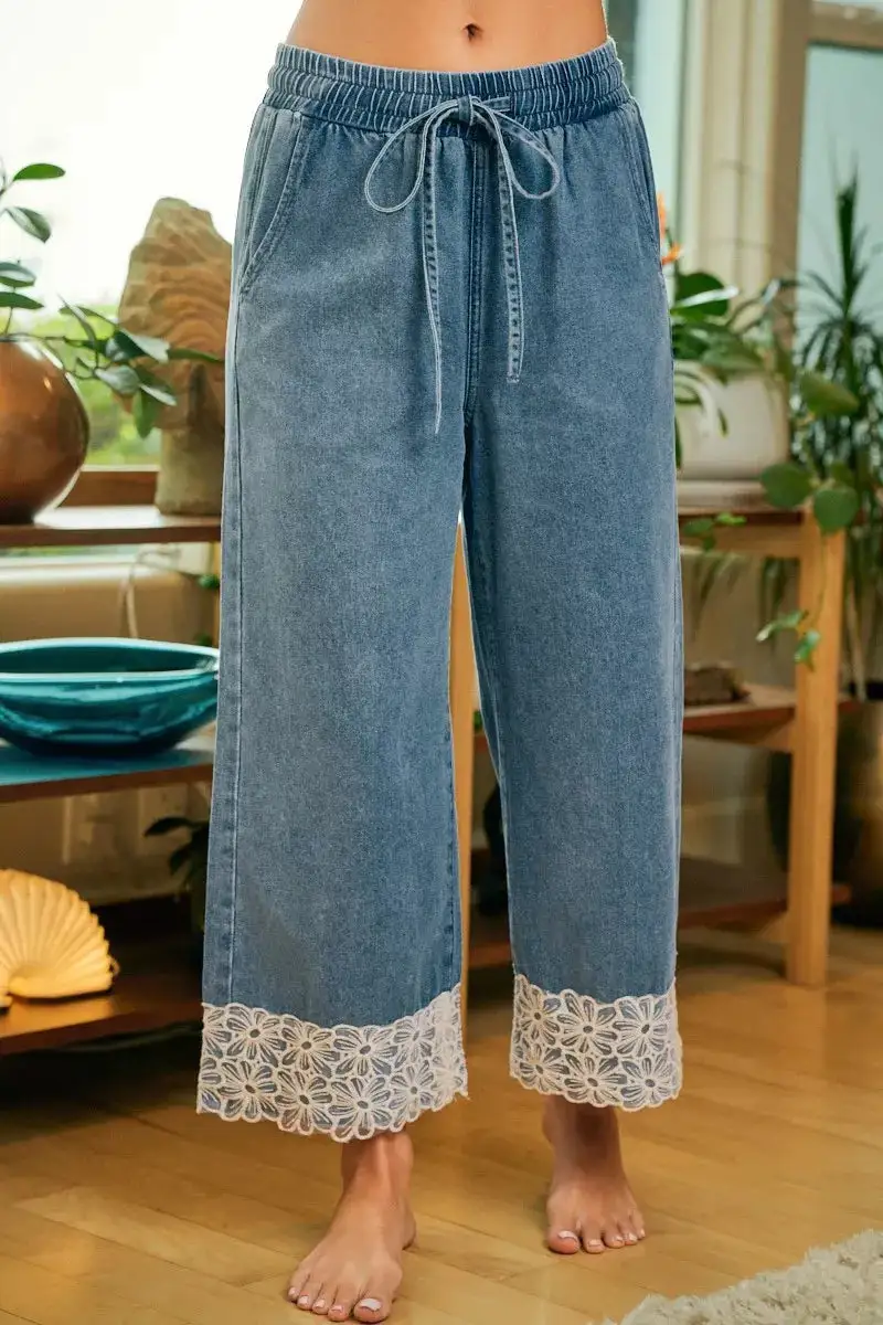 Bibi Washed Denim Waist Flower Lace Trim Pants
