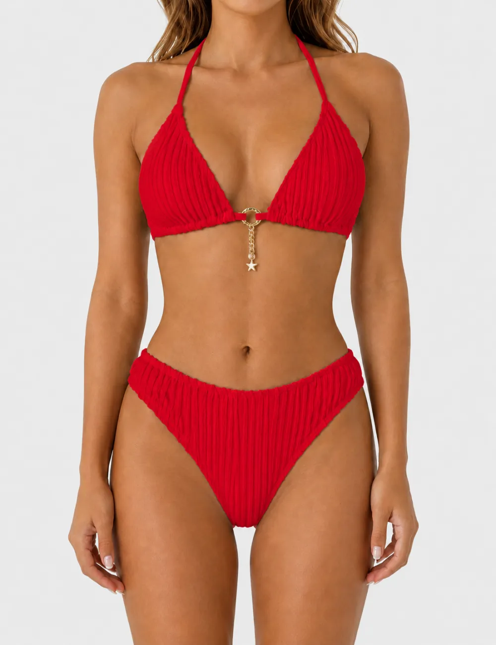 Vertical Texture Halter Neck Triangle Bikini Set