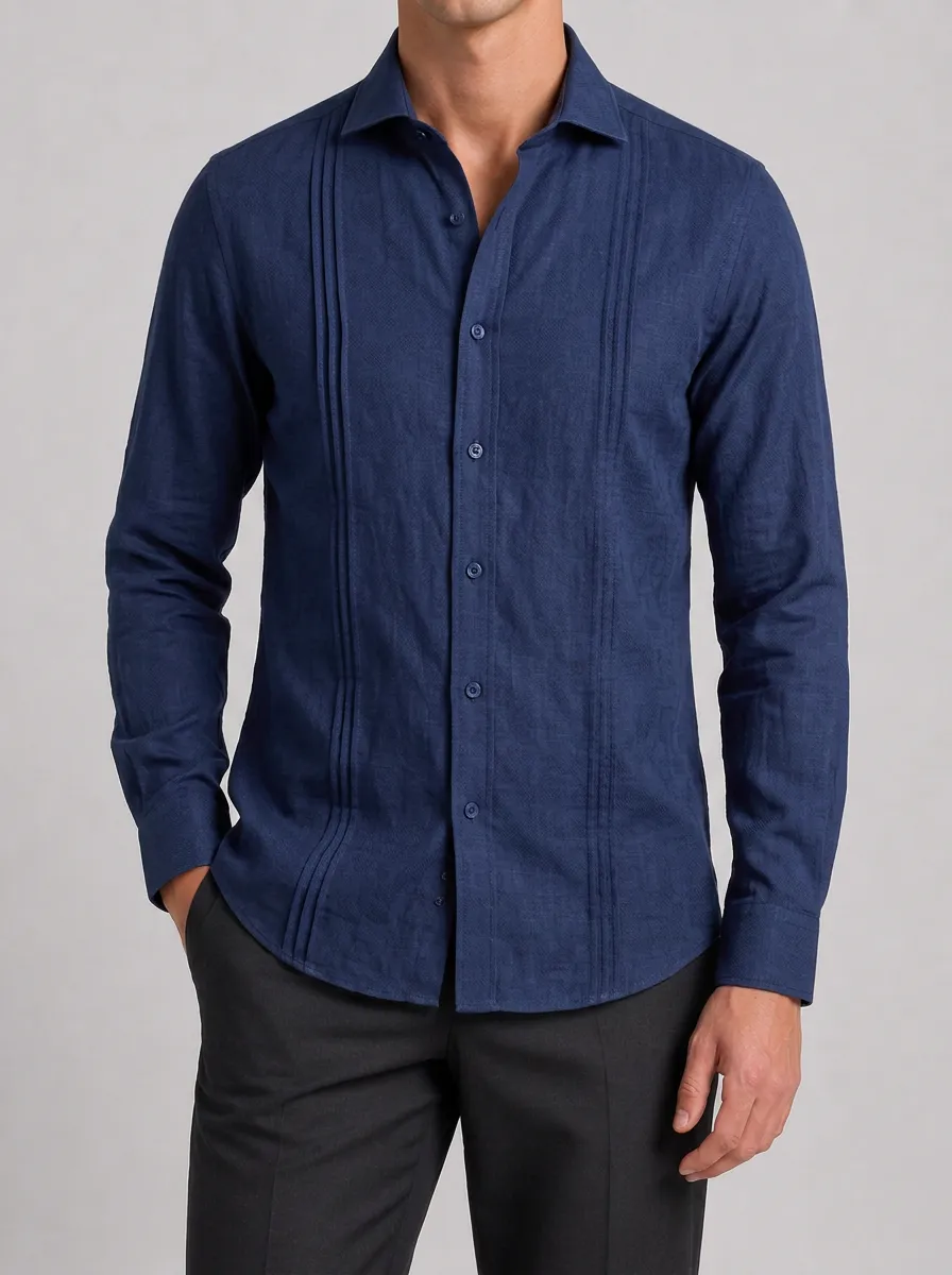 Men's Casual Navy Blue Pleated Long Sleeve Guayabera Shirt