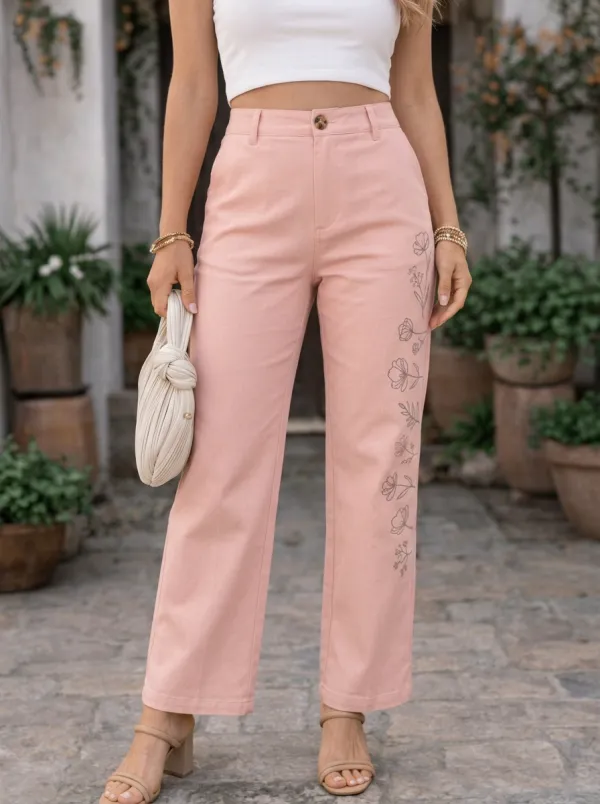Women's Floral Lover Botanical Line Art Printed Mid-Rise Straight Leg Pants