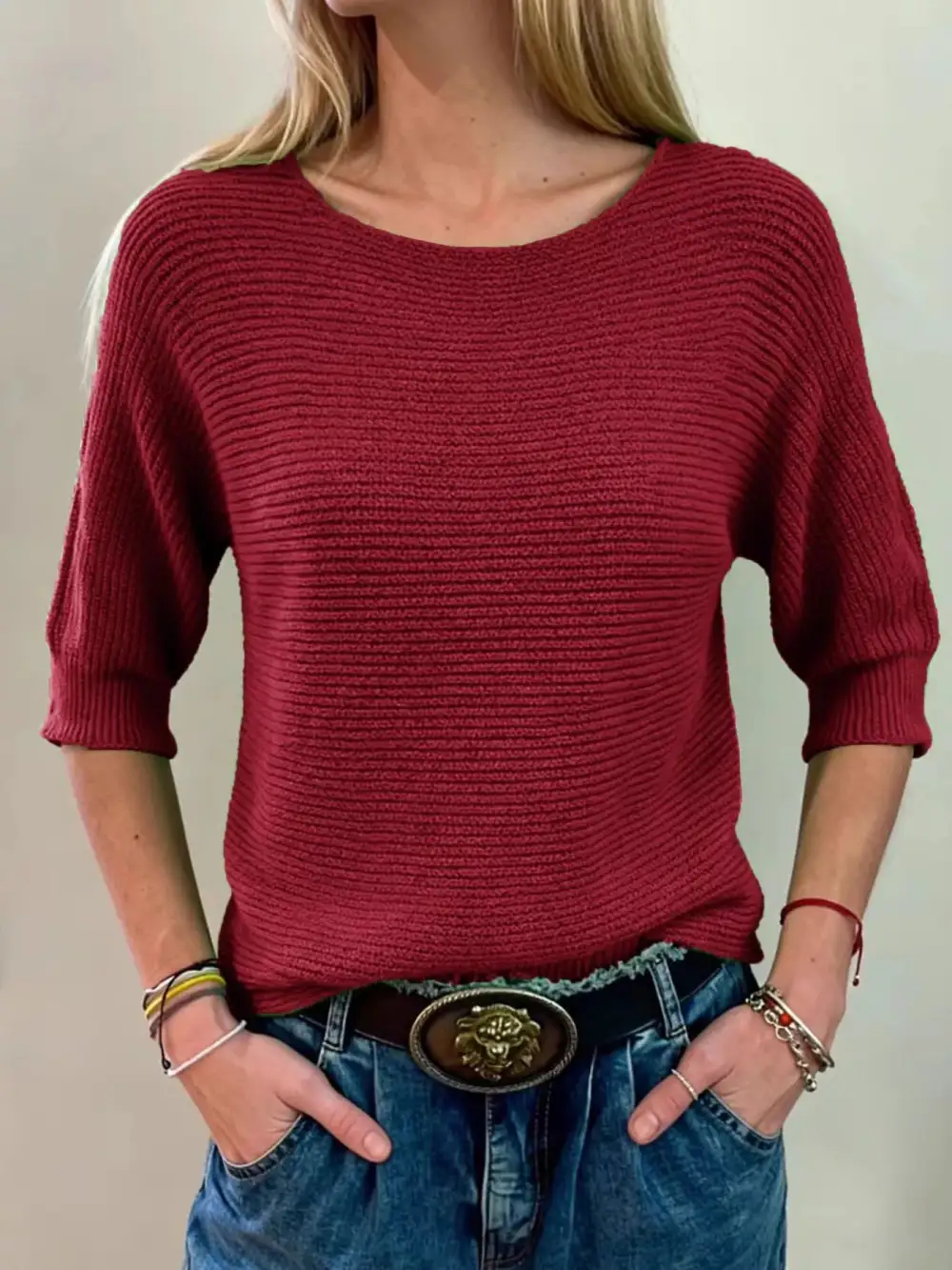 Full Size Ribbed Knit Round Neck Sweater Plus Size