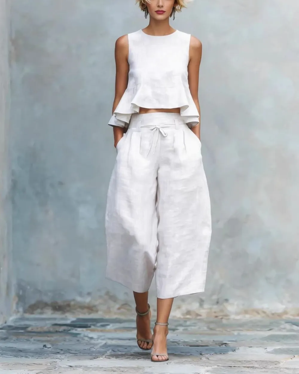 Linen Two-Piece Set Ruffle Detail Lightweight Breathable Romantic Summer Outfit