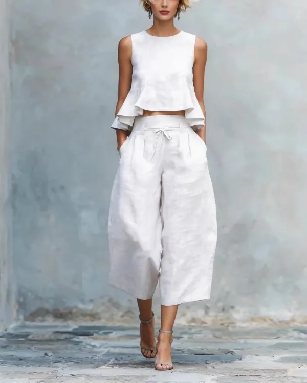 Linen Two-Piece Set Ruffle Detail Lightweight Breathable Romantic Summer Outfit