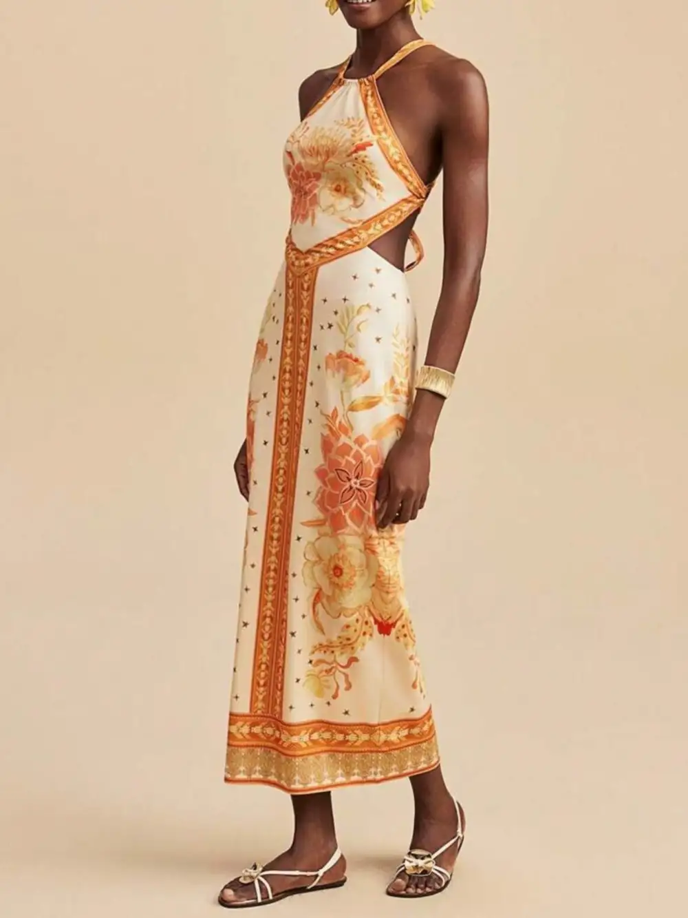 Classic Floral Print Halter Neck Maxi Dress