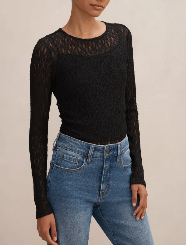 Black Lace Long Sleeve Form-Fitting Top