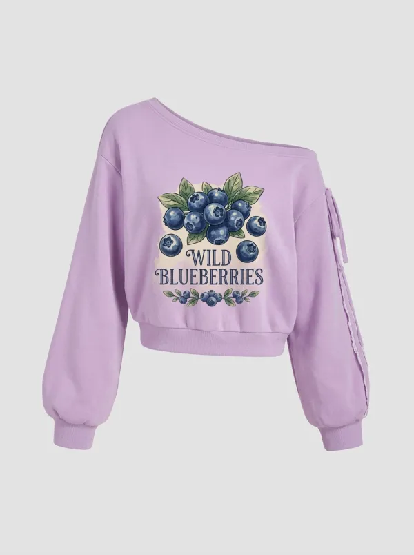 Women's Fruit Wild Blueberries Botanical Graphic Off-Shoulder Sweatshirt