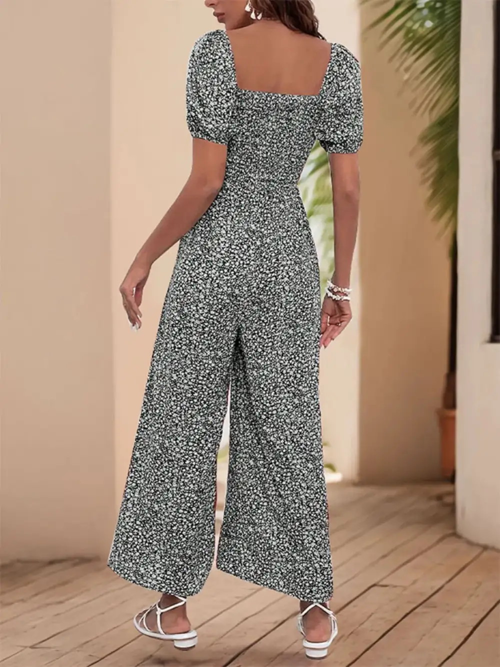 Printed Square Neck Puff Sleeve Everyday Jumpsuit