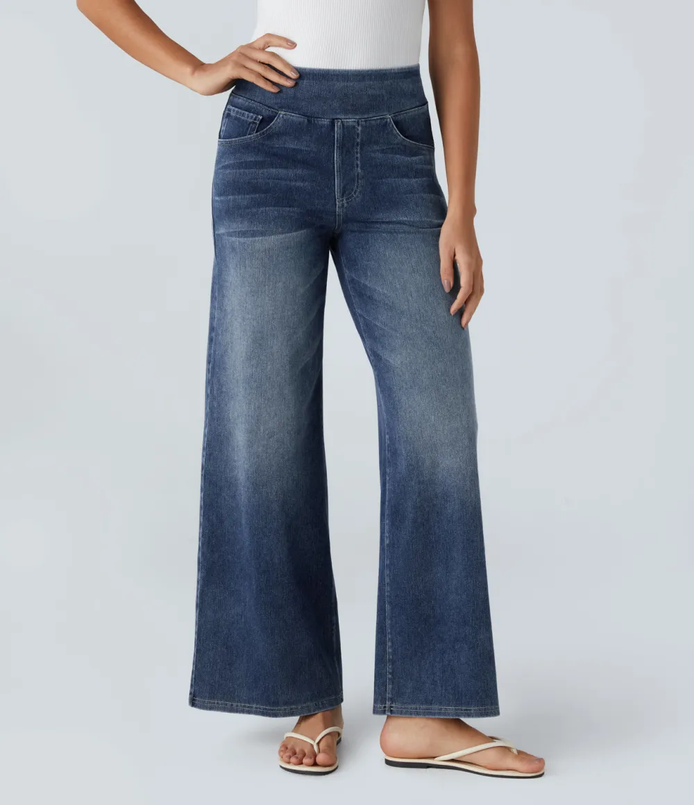 Magic High Waisted Multiple Pockets Wide Leg Washed Stretchy Knit Casual Jeans