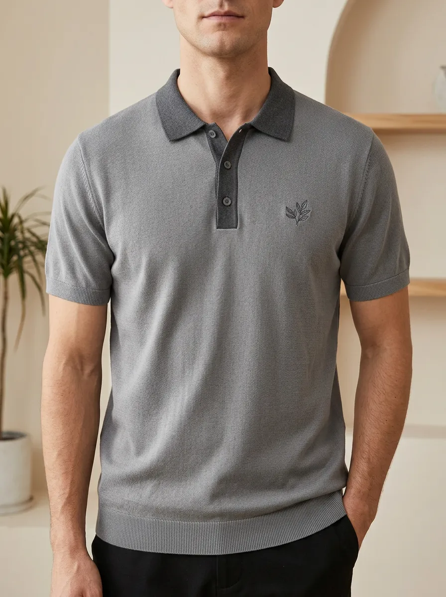 Leaf-Pattern Knit Men's Polo Shirt